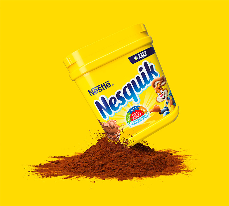 Nesquik速溶巧克力粉標(biāo)志，Nesquik速溶巧克力粉LOGO，Nesquik速溶巧克力粉品牌形象設(shè)計(jì)，雀巢品牌設(shè)計(jì)，巧克力品牌設(shè)計(jì)